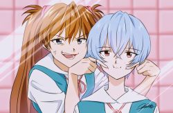 Rule 34 | 2girls, artist request, ayanami rei, blue eyes, blue hair, breasts, brown hair, forced smile, grabbing, grabbing from behind, hair ornament, highres, long hair, looking at viewer, mirror, multiple girls, neon genesis evangelion, open mouth, red eyes, school uniform, short hair, simple background, smile, souryuu asuka langley, two side up, upper body, very long hair