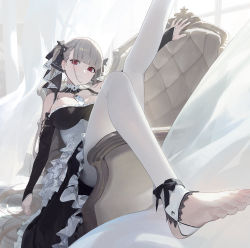Rule 34 | 1girl, azur lane, black dress, black ribbon, breasts, bridal gauntlets, closed mouth, couch, dress, feet, foot focus, foreshortening, formidable (azur lane), frilled dress, frills, grey hair, hair ribbon, head tilt, highres, kneepits, large breasts, leg up, long hair, looking at viewer, lying, modare, no shoes, on back, on couch, pantyhose, red eyes, ribbon, solo, stirrup legwear, toeless legwear, toes, twintails, very long hair, white pantyhose