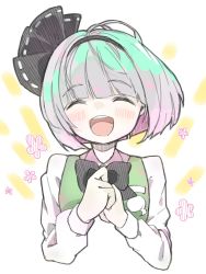 1girl, ^ ^, bangs, black hairband, black neckwear, blush, bob cut, bow, bowtie, closed eyes, cropped torso, eyebrows visible through hair, eyes closed, facing viewer, flower, green vest, hairband, highres, konpaku youmu, long sleeves, open mouth, ribbon-trimmed hairband, ribbon trim, shirt, short hair, silver hair, simple background, smile, solo, straight hair, tea maccha, touhou, upper body, vest, white background, white shirt, |d