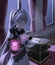 Rule 34 | 1girl, absurdres, apron, arknights, bimo (bimo koa), black dress, black gloves, closed mouth, collared dress, commentary, cowboy shot, curtains, dress, earrings, expressionless, frilled apron, frills, gloves, glowing, grey eyes, grey hair, hand up, highres, holding, holding lantern, indoors, irene (arknights), irene (voyage of feathers) (arknights), jewelry, lantern, light particles, light rays, long hair, long sleeves, looking at viewer, maid, maid apron, maid headdress, moonlight, night, official alternate costume, pendant, ponytail, scar, scar across eye, solo, standing, strap, white apron, window, windowsill