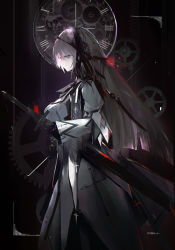 Rule 34 | 1girl, absurdres, artist name, black headwear, black neckwear, blue eyes, breasts, cell (acorecell), clock, closed mouth, cross, dark background, dress, from side, gears, grey hair, hair between eyes, headwear request, highres, holding, holding sword, holding weapon, light, long hair, long sleeves, looking down, neckwear request, original, puffy long sleeves, puffy sleeves, red cross, simple background, solo, standing, sword, upper body, very long hair, weapon, white dress, wide sleeves