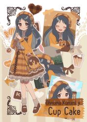 Rule 34 | 1girl, bag, bare legs, beret, black hair, blush, brown footwear, brown jacket, brown skirt, building, candy, character name, child, cinnamon roll, closed eyes, closed mouth, cupcake, english text, food, food-themed clothes, frilled skirt, frills, full body, hat, heart, highres, idolmaster, idolmaster cinderella girls, jacket, long hair, monakocoa, ohnuma kurumi, open clothes, open jacket, open mouth, plaid, plaid skirt, puffy sleeves, shirt, shoulder bag, skirt, smile, socks, solo, solo focus, standing, straight hair, stuffed animal, stuffed toy, tape, teddy bear, white shirt
