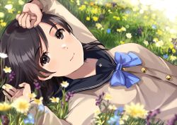 Rule 34 | 1girl, arms up, black eyes, black hair, blue bow, bow, breasts, closed mouth, commentary request, day, field, fingernails, flower, flower field, hand on forehead, light smile, long sleeves, looking at viewer, lying, medium breasts, on back, on grass, original, outdoors, school uniform, serafuku, solo, tan (tangent), upper body