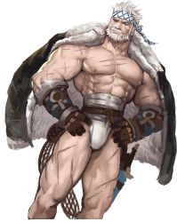 Rule 34 | 1boy, abs, bara, bare pectorals, beard, blonde hair, bulge, collarbone, dopey (dopq), facial hair, fundoshi, granblue fantasy, hands on own hips, jacket, jacket on shoulders, japanese clothes, large pectorals, male focus, male underwear, manly, muscular, mustache, nipples, pectorals, scar, short hair, sketch, solo, soriz, thick thighs, thighs, underwear, upper body, white male underwear