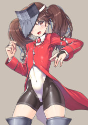 Rule 34 | 10s, 1girl, adapted costume, alternate costume, bike shorts, bridal gauntlets, brown eyes, brown hair, fang, hat, highleg, highleg leotard, kantai collection, leotard, long hair, long sleeves, looking at viewer, nagase haruhito, open mouth, ryuujou (kancolle), solo, tailcoat, thighhighs, thighs, twintails