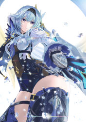 Rule 34 | 1girl, arm up, black gloves, black hairband, blue gloves, blue hair, blue necktie, blue thighhighs, bodystocking, boots, breasts, cape, eula (genshin impact), genshin impact, gloves, greatsword, hair ornament, hairband, highres, holding, holding sword, holding weapon, long sleeves, looking at viewer, matsuba ryou, medium breasts, medium hair, multicolored clothes, multicolored eyes, multicolored gloves, necktie, purple eyes, single bare shoulder, solo, sparkle, sword, thigh boots, thigh strap, thighhighs, thighs, vision (genshin impact), weapon, weapon on back, white background, yellow eyes