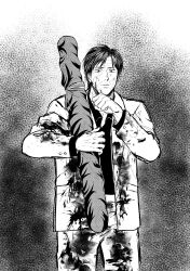 Rule 34 | 1boy, blazer, blood, blood on clothes, blood on face, collared shirt, commentary request, cowboy shot, formal, fukumoto mahjong, greyscale, highres, holding, jacket, looking down, male focus, medium bangs, monochrome, open mouth, pants, sawada (ten), shirt, short hair, solo, suit, ten (manga), weapon bag, wrinkled skin, y (yism)