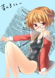 Rule 34 | 1girl, :p, black one-piece swimsuit, breasts, brown hair, competition school swimsuit, glasses, highres, hitsuji mimi, horns, jacket, medium breasts, one-piece swimsuit, original, school swimsuit, solo, spirytus tarou, swimsuit, tongue, tongue out, track jacket