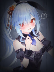 Rule 34 | 1girl, ?, @ @, absurdres, alternate hairstyle, animal ears, asymmetrical bangs, back bow, backless dress, backless outfit, black dress, black hairband, black sleeves, blue hair, blue necktie, blunt bangs, blurry edges, bow, breasts, center frills, cleavage, collar, commentary request, detached collar, detached sleeves, dress, fake animal ears, frilled collar, frilled dress, frills, hair ornament, hair ribbon, hairband, hand up, heart, heart hair ornament, high side ponytail, highres, hikimayu, hololive, large bow, long hair, looking at viewer, necktie, official alternate costume, open mouth, puffy detached sleeves, puffy short sleeves, puffy sleeves, rabbit-shaped pupils, rabbit ears, red eyes, ribbon, rio1105, short eyebrows, short necktie, short sleeves, side ponytail, sidelocks, sleeveless, sleeveless dress, small breasts, solo, speech bubble, sweatdrop, symbol-shaped pupils, tearing up, thick eyebrows, tie clip, upper body, usada pekora, usada pekora (furi furi bunny dress), variant set, virtual youtuber, wavy mouth, wrist cuffs