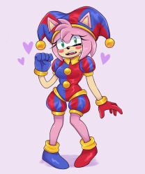 Rule 34 | 2023, amy rose, artkett1412, clown, colored skin, cosplay, crossover, eyelashes, glitch productions, gloves, green eyes, hat, headgear, hedgehog, highres, jester, jester cap, jester costume, jester girl, jester outfit, long eyelashes, nervous, nervous sweating, pink fur, pink hair, pink skin, pomni (the amazing digital circus), sega, shoes, sonic (series), sweat, the amazing digital circus