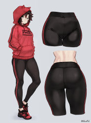 Rule 34 | 1girl, alternate costume, artist name, ass, black hair, black leggings, bluefield, commentary, copyright name, cropped legs, english commentary, from behind, gluteal fold, grey background, grey eyes, groin, hands in pockets, highres, hood, hood up, hoodie, leggings, looking at viewer, messy hair, pants, red hair, red hoodie, ruby rose, rwby, smile, solo, thigh gap, thighs, track pants, twitter username