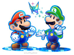 Rule 34 | 2boys, blue overalls, boots, brothers, clenched hand, determined, facial hair, gloves, green headwear, hat, looking at another, luigi, mario, mario &amp; luigi rpg, mario &amp; luigi: dream team, mario (series), multiple boys, mustache, nintendo, overalls, paper mario, pinky out, red headwear, siblings, snuffydoo, super paper mario, tippi (paper mario), white background, white gloves