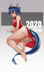 Rule 34 | 1girl, 2020, 3:, 981519, absurdres, arknights, ass, bad id, bad pixiv id, bare legs, barefoot, blue hair, blush, breasts, bright pupils, cameltoe, ch&#039;en (ageless afterglow) (arknights), ch&#039;en (arknights), character name, china dress, chinese clothes, closed mouth, double bun, dragon horns, dragon tail, dress, feet, full body, highres, horns, looking at viewer, lying, medium breasts, official alternate costume, on side, panties, red dress, red eyes, sidelocks, simple background, soles, solo, tail, underwear, v-shaped eyebrows, white panties, white pupils