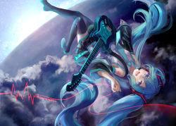 Rule 34 | 1girl, :d, achyue, aqua eyes, aqua hair, character name, falling, guitar, hatsune miku, instrument, long hair, looking at viewer, open mouth, sky, smile, solo, twintails, upside-down, very long hair, vocaloid