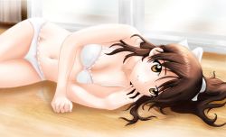 Rule 34 | 10s, 1girl, bow, bow panties, bra, brave witches, breasts, brown eyes, brown hair, cleavage, collarbone, endlessgr8, eyebrows, indoors, karibuchi takami, long hair, looking at viewer, lying, medium breasts, navel, on side, panties, ponytail, reflection, smile, solo, stomach, strike witches, tail, underwear, underwear only, white panties, world witches series