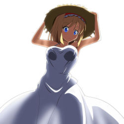 Rule 34 | 1girl, alice margatroid, alternate costume, arms up, backlighting, blonde hair, blue eyes, breasts, cato (monocatienus), dress, hairband, hand on headwear, hat, lolita hairband, looking at viewer, medium breasts, see-through, see-through silhouette, simple background, sleeveless, sleeveless dress, smile, solo, straw hat, sundress, touhou, white dress