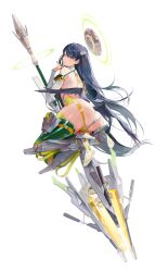 Rule 34 | 1girl, absurdres, ariel (destiny child), armored boots, ass, bare shoulders, black hair, boots, choyeon, destiny child, drill hair, earrings, floating, floating object, from behind, full body, green eyes, green thighhighs, hand up, high heel boots, high heels, highleg, highres, index finger raised, jewelry, long hair, long sleeves, looking at viewer, looking back, mini wings, nail polish, polearm, simple background, solo, star (symbol), star earrings, thighhighs, thighs, very long hair, weapon, white background, wings