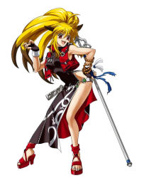 Rule 34 | 1girl, ahoge, animal ears, banpresto, beads, blonde hair, china dress, chinese clothes, contrapposto, dress, fingerless gloves, fox ears, fox shadow puppet, gloves, hand on own hip, high heels, jpeg artifacts, multicolored hair, namco x capcom, official art, over shoulder, project x zone, shoes, side slit, solo, staff, standing, super robot wars, super robot wars og saga mugen no frontier, super robot wars og saga mugen no frontier exceed, two-tone hair, vest, weapon, weapon over shoulder, xiaomu