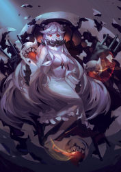 Rule 34 | 1girl, absurdres, abyssal ship, bad id, bad pixiv id, breasts, cleavage, covered mouth, dress, full body, highres, kantai collection, long dress, long hair, looking at viewer, medium breasts, midway princess, pale skin, red eyes, solo, turret, very long hair, weapon, white dress, white hair, yan ge