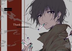 Rule 34 | 1boy, 1other, absurdres, black eyes, black hair, cigarette, coat, commentary request, english text, highres, holding, holding cigarette, looking at viewer, male focus, messy hair, nomura kitan, original, smoke, smoking, solo, solo focus