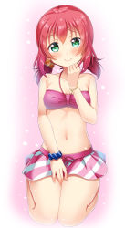 Rule 34 | 1girl, bare shoulders, bikini, blush, bracelet, breasts, cleavage, collarbone, frilled bikini, frills, gradient background, green eyes, hair between eyes, hand on own chin, highres, jewelry, kneeling, kurosawa ruby, looking at viewer, love live!, love live! school idol festival, love live! sunshine!!, low twintails, motoasako, navel, pink bikini, pink hair, scrunchie, short hair, small breasts, smile, solo, swimsuit, twintails