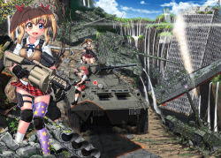 Rule 34 | 4girls, :3, amphibious vehicle, apocalypse, armored personnel carrier, armored vehicle, autocannon, bandaid, bandaid on face, battleship, benelli m4 super 90, black hair, blonde hair, brown hair, building, cannon, commentary request, fang, gloves, grenade launcher, gun, hair ribbon, hase yu, headband, heterochromia, knee pads, kneehighs, load bearing vest, military, military vehicle, milkor mgl, motor vehicle, multiple girls, original, pleated skirt, ponytail, post-apocalypse, red hair, remote controlled weapon station, revolver grenade launcher, ribbon, rifle, rubbing, ruins, school uniform, scope, ship, shipunov 2a42, shotgun, skirt, sky, sniper rifle, socks, tank, thighhighs, traffic light, twintails, vertical forward grip, warship, water, watercraft, waterfall, weapon, weapon request, zettai ryouiki