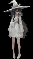 Rule 34 | 1girl, absurdres, black background, black hair, closed eyes, creature, creature on shoulder, dress, full body, gregor (tsurunoka), hair between eyes, hand up, hat, high heels, highres, lead white (tsurunoka), long hair, long sleeves, on shoulder, original, short dress, simple background, solo, standing, tsumetai (tsurunoka), very long hair, white dress, white footwear, white hat, witch, witch hat
