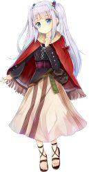 Rule 34 | 1girl, blue eyes, brown skirt, capelet, eilean donan (oshiro project), full body, long skirt, looking at viewer, official art, oshiro project:re, oshiro project:re, red capelet, silver hair, skirt, solo, taicho128, transparent background, twintails