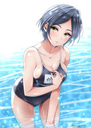 Rule 34 | 1girl, 2018, black one-piece swimsuit, black school swimsuit, blurry, bokeh, breasts, caustics, cleavage, clothes pull, clothes writing, collarbone, competition school swimsuit, cowboy shot, dated, depth of field, earrings, grey hair, hand on own thigh, hayami kanade, highres, idolmaster, idolmaster cinderella girls, jewelry, leaning forward, looking at viewer, medium breasts, one-piece swimsuit, one-piece swimsuit pull, parted bangs, parted lips, pulling own clothes, school swimsuit, short hair, sideboob, smile, solo, sparkle, standing, stud earrings, swept bangs, swimsuit, thighs, wading, water, yellow eyes, yoohi