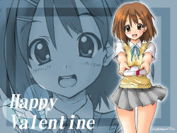 Rule 34 | 1girl, bad id, bad pixiv id, brown eyes, brown hair, gift, happy valentine, hirasawa yui, holding, holding gift, incoming gift, k-on!, nightmare77zx, school uniform, solo, sweater vest, valentine, wallpaper, zoom layer