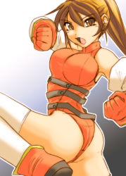 Rule 34 | 1girl, ass, belt, brown eyes, brown hair, detached sleeves, female focus, fighting stance, g.a.s.p!! fighters&#039; nextream, gloves, gradient background, hiyu serina, konami, leotard, long hair, looking at viewer, open mouth, ponytail, shoes, sig (sotokanda delta force), solo, thighhighs