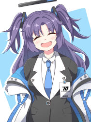 Rule 34 | 1girl, :d, ^ ^, belt, blazer, blue archive, blue necktie, closed eyes, coat, collared shirt, commentary request, halo, highres, id card, jacket, long hair, long sleeves, looking at viewer, necktie, open clothes, open coat, open mouth, parted bangs, pleated skirt, purple hair, school uniform, shirt, sidelocks, simple background, skirt, smile, solo, triangle hair ornament, two side up, white coat, white shirt, yukimi unagi, yuuka (blue archive)