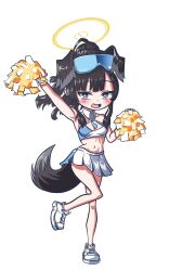 Rule 34 | 1girl, :o, absurdres, aghanseonmul, animal ears, arm up, armpits, black hair, blue archive, blunt bangs, breasts, cheerleader, chibi, cleavage, collarbone, commentary request, detached collar, dog ears, dog girl, dog tail, eyewear on head, full body, grey eyes, halo, hibiki (blue archive), hibiki (cheer squad) (blue archive), highres, holding, holding pom poms, long hair, looking at viewer, medium breasts, millennium cheerleader outfit (blue archive), navel, official alternate costume, parted bangs, pleated skirt, pom pom (cheerleading), pom poms, ponytail, shoes, sidelocks, simple background, skirt, sleeveless, sneakers, solo, standing, standing on one leg, stomach, sunglasses, tail, transparent background, wavy mouth