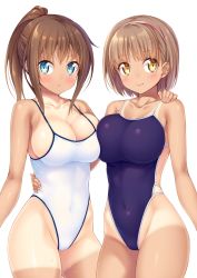Rule 34 | 2girls, blue eyes, blue one-piece swimsuit, blush, breasts, brown eyes, brown hair, cleavage, collarbone, competition school swimsuit, hairband, hand on another&#039;s shoulder, highleg, highleg swimsuit, highres, kazuma (kazumav), large breasts, long hair, multiple girls, one-piece swimsuit, original, ponytail, school swimsuit, short hair, simple background, smile, swimsuit, tan, tanline, white background, white school swimsuit, white one-piece swimsuit, yellow eyes