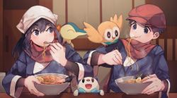 Rule 34 | 1boy, 1girl, absurdres, akari (pokemon), black hair, blue eyes, blush, bowl, chopsticks, closed mouth, creature, creature on shoulder, creatures (company), cyndaquil, eating, egg, fire, food, game freak, gen 2 pokemon, gen 5 pokemon, gen 7 pokemon, h.pn, hair between eyes, highres, holding, holding bowl, holding chopsticks, indoors, left-handed, long hair, long sleeves, looking down, looking up, nintendo, noodles, on shoulder, open mouth, oshawott, pokemon, pokemon (creature), pokemon legends: arceus, ramen, red headwear, red scarf, rei (pokemon), rowlet, scarf, seaweed, smile, starter pokemon trio, steam, tongue, white headwear, wide sleeves