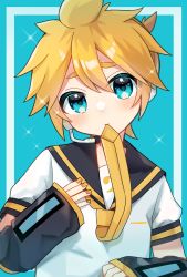 Rule 34 | 1boy, akikan sabago, arm warmers, bass clef, black collar, blonde hair, blue background, collar, commentary, furrowed brow, hand on own chest, headphones, headset, highres, kagamine len, looking at viewer, male focus, meme, mouth hold, nail polish, necktie, necktie in mouth, sailor collar, school uniform, shirt, short sleeves, solo, sparkle, spiked hair, symbol-only commentary, upper body, vocaloid, white shirt, yellow nails, yellow necktie