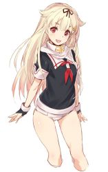 Rule 34 | 10s, 1girl, black gloves, blonde hair, bottomless, cropped legs, fang, fingerless gloves, gloves, hair flaps, hair ornament, hair ribbon, hairclip, kantai collection, kawata hisashi, long hair, looking at viewer, no pants, one-piece swimsuit, panties, red eyes, ribbon, sailor collar, scarf, school swimsuit, simple background, smile, solo, swimsuit, swimsuit under clothes, underwear, white background, white one-piece swimsuit, white panties, white school swimsuit, yuudachi (kancolle), yuudachi kai ni (kancolle)