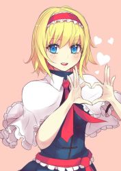 Rule 34 | 1girl, :d, alice margatroid, blonde hair, blue dress, blue eyes, blush, capelet, culter, dress, eyelashes, hairband, heart, heart hands, open mouth, pink background, red ribbon, ribbon, short hair, signature, simple background, smile, solo, touhou