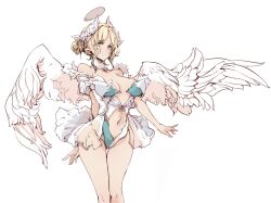 Rule 34 | 1girl, angel, bare shoulders, blonde hair, blue eyes, breasts, endou okito, gluteal fold, hair bun, halo, halterneck, highres, large breasts, looking at viewer, navel, original, see-through, simple background, solo, standing, tareme, thigh gap, white background, wings