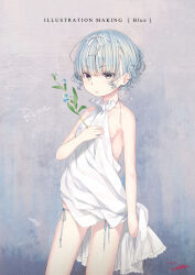 1girl absurdres blue_hair blue_panties blush breasts commentary_request dancho_(dancyo) dress flower hair_ribbon halterneck highres leaf making-of_available original panties ribbon short_hair side-tie_panties sideboob small_breasts solo underwear white_dress yellow_eyes