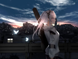 Rule 34 | 1girl, nanashi inc., blue sky, breasts, bridge, bug, building, butterfly, cloud, coat, dusk, elf, from side, guitar, hair ornament, hairclip, holding, holding instrument, honey strap, hood, hooded jacket, hoodie, insect, instrument, jacket, long hair, looking to the side, outdoors, pointy ears, purple eyes, river, sky, solo, sougetsu eli, twintails, virtual youtuber, white hair, yuyu (yuyuworks)