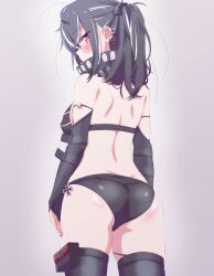 Rule 34 | 1girl, absurdres, arbiter1, ass, azur lane, back, bandana, bandana over mouth, black bandana, black hair, black one-piece swimsuit, black thighhighs, cowboy shot, cross, cross earrings, earrings, elbow gloves, from behind, gloves, highres, iron cross, jewelry, looking at viewer, looking back, multicolored hair, one-piece swimsuit, ponytail, simple background, streaked hair, swimsuit, thighhighs, u-47 (azur lane), white hair