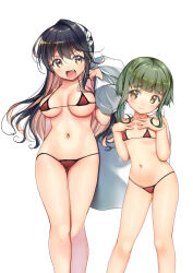 Rule 34 | 1girl, bikini, black hair, bob cut, breasts, brown eyes, colored inner hair, commentary request, fang, feet out of frame, green hair, hairband, hands on own chest, highres, kantai collection, large breasts, long hair, micro bikini, multicolored hair, naganami (kancolle), naganami kai ni (kancolle), pink hair, red bikini, short hair, sidelocks, simple background, small breasts, solo, swimsuit, takanami (kancolle), two-tone hair, wavy hair, white background, white hairband, yashin (yasinz), yellow eyes