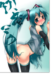 Rule 34 | 1girl, ass, blush, female focus, gradient background, hatsune miku, long hair, no panties, pussy, solo, thighhighs, twintails, vocaloid, vocaloid2, white background