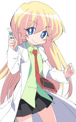 Rule 34 | 1girl, black skirt, blonde hair, blue eyes, blush stickers, green shirt, ixy, lab coat, long hair, long sleeves, looking at viewer, necktie, pani poni dash!, pleated skirt, rebecca miyamoto, red necktie, shirt, simple background, skirt, smile, solo, white background