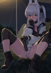 Rule 34 | 1girl, absurdres, animal ear headphones, animal ears, blue archive, blush, boots, fake animal ears, female masturbation, fingerless gloves, gloves, grey hair, halo, headphones, highres, holding, knee pads, knees up, kuro (zhurunbo1997), long hair, looking at viewer, masturbation, miyako (blue archive), night, panties, purple eyes, school uniform, sitting, smelling, solo, spread legs, tactical clothes, thighs, underwear, wet, wet clothes, wet panties, white panties