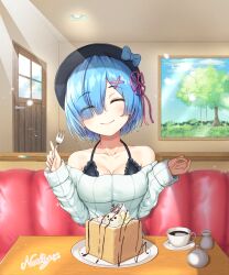 Rule 34 | 1girl, absurdres, bare shoulders, black beret, blue bow, blue eyes, blue hair, blush, bow, bra, breasts, cake, cleavage, closed eyes, closed mouth, coffee cup, collarbone, cup, disposable cup, food, fork, frilled bra, frills, hair ornament, hair over one eye, hair ribbon, highres, holding, holding fork, long sleeves, looking at viewer, maid, medium breasts, naoking, painting (object), re:zero kara hajimeru isekai seikatsu, rem (re:zero), ribbon, saucer, short hair, signature, sitting, smile, solo, table, underwear, x hair ornament