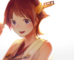 Rule 34 | 1girl, backlighting, blue eyes, blush, brown hair, grey background, hand up, hiei (kancolle), hiei kai ni (kancolle), kantai collection, looking at viewer, nontraditional miko, open mouth, ruffling hair, ryokucha (i cobalt), short hair, simple background, smile, solo, teeth, upper body