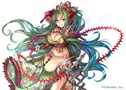 Rule 34 | 1girl, :q, bare shoulders, belt, blade, blue eyes, bow, breasts, cleavage, company name, elbow gloves, eyes visible through hair, floral print, flower, gloves, green hair, hair bow, hair ornament, holding, holding weapon, jewelry, large breasts, long hair, looking at viewer, madogawa, multicolored eyes, navel, necklace, official art, outstretched arm, ribbon, rope, sengoku gensoukyoku, simple background, sleeveless, smile, solo, spikes, tassel, tongue, tongue out, very long hair, wavy hair, weapon, whip, white background
