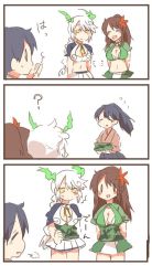 Rule 34 | 0 0, 10s, 3girls, 3koma, ?, ^^^, amagi (kancolle), bad id, bad twitter id, blue hair, blush, braid, brown hair, clothes, colorized, comic, closed eyes, flower, flower on head, houshou (kancolle), kantai collection, long hair, multiple girls, open mouth, ponytail, rebecca (keinelove), smile, sweat, unryuu (kancolle), white hair, yellow eyes